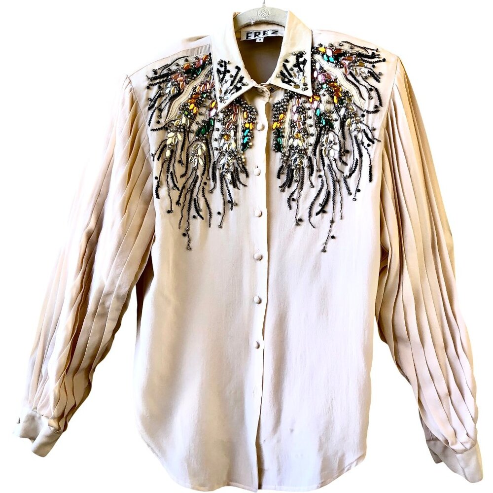 EREZ Vintage 80’s SILK + SNAKESKIN LEATHER Blouse Pleats Beaded BLING - Picture 5 of 16